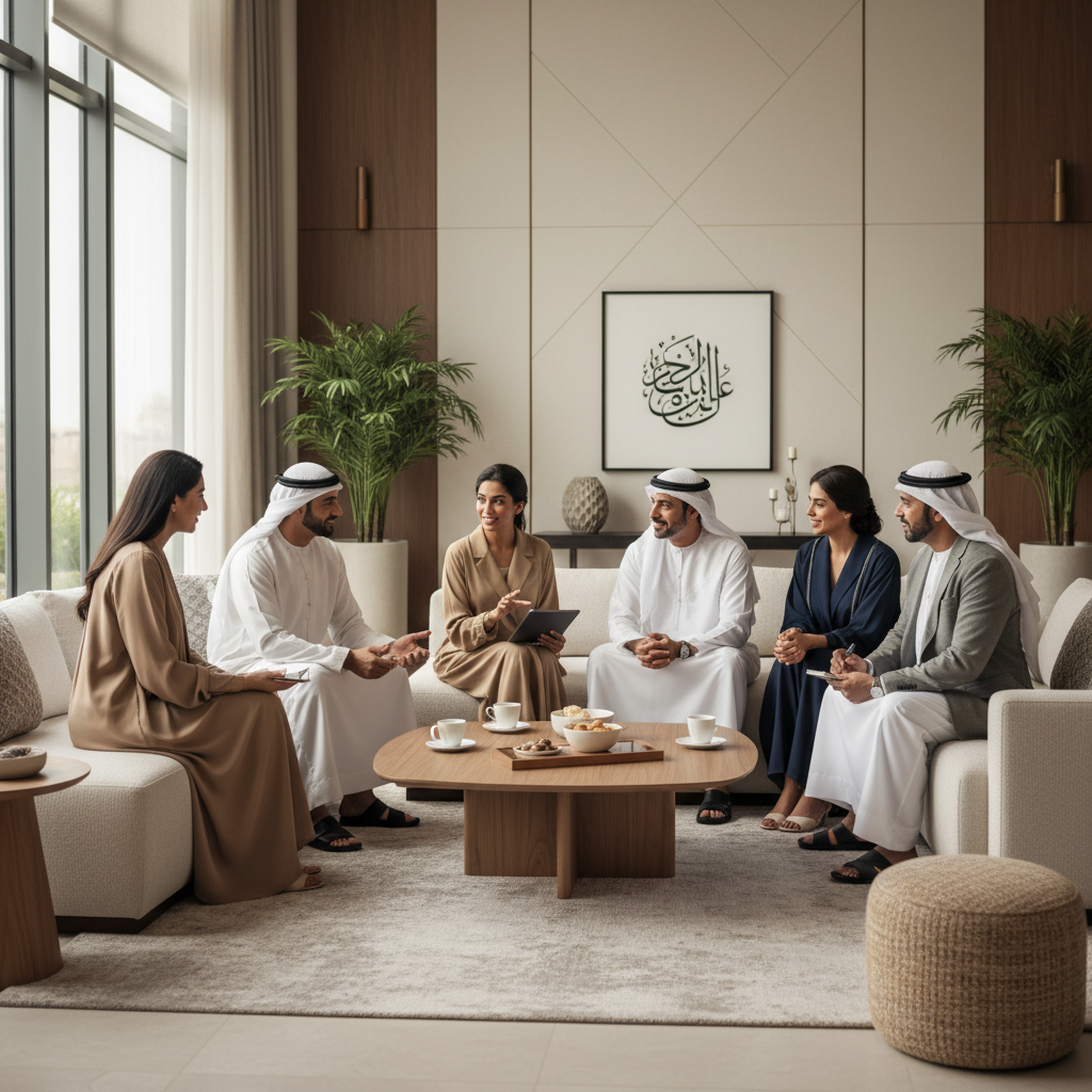 A photorealistic image of a mature adult family in the UAE, gathered in a modern living room, discussing estate planning with a sense of unity and security, evoking themes of family legacy and protection without showing any legal documents.