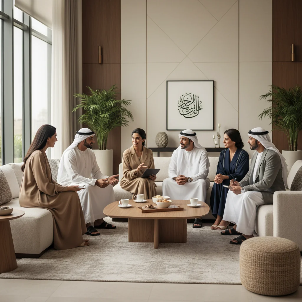 A photorealistic image of a mature adult family in the UAE, gathered in a modern living room, discussing estate planning with a sense of unity and security, evoking themes of family legacy and protection without showing any legal documents.