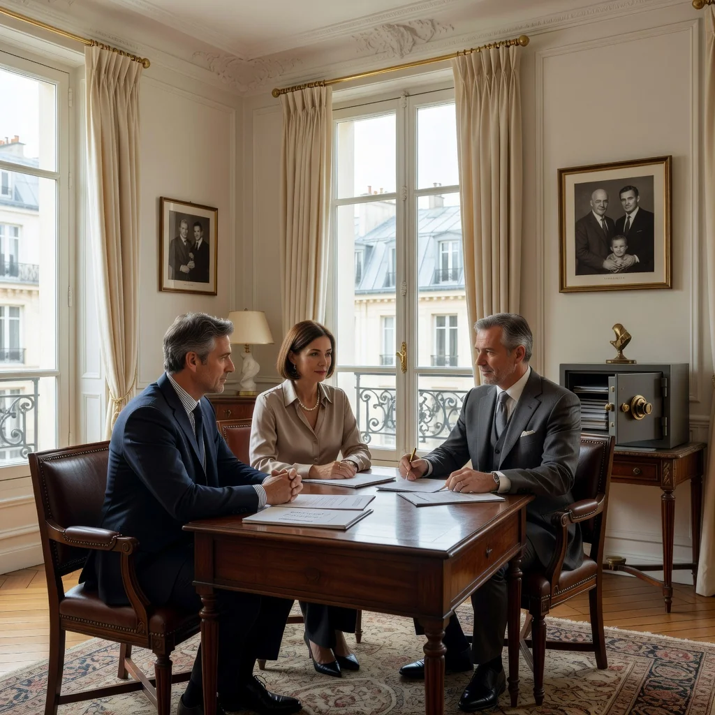 A photorealistic image representing trust and security in French financial planning, showing a mature adult couple in a modern French office or home study, reviewing financial documents with a trusted advisor, evoking stability and protection of assets, no children present.
