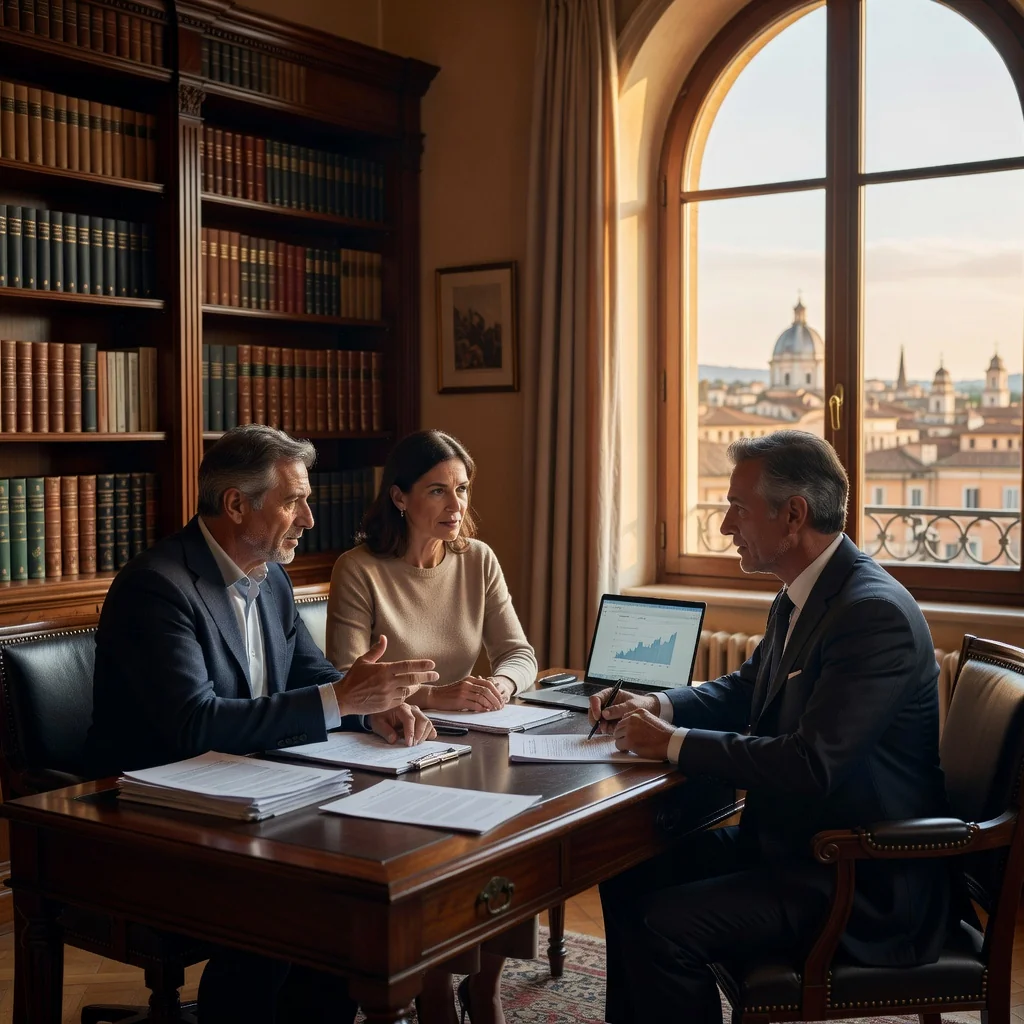 A photorealistic image representing the concept of a revocable trust in Italy, focusing on themes of family legacy, financial security, and estate planning. Depict a middle-aged Italian couple in a modern office or home study, discussing plans with a professional advisor over documents on a desk, with subtle Italian landmarks like the Colosseum visible through a window in the background. Convey trust, protection, and future planning without showing any legal documents directly. No children in the image.