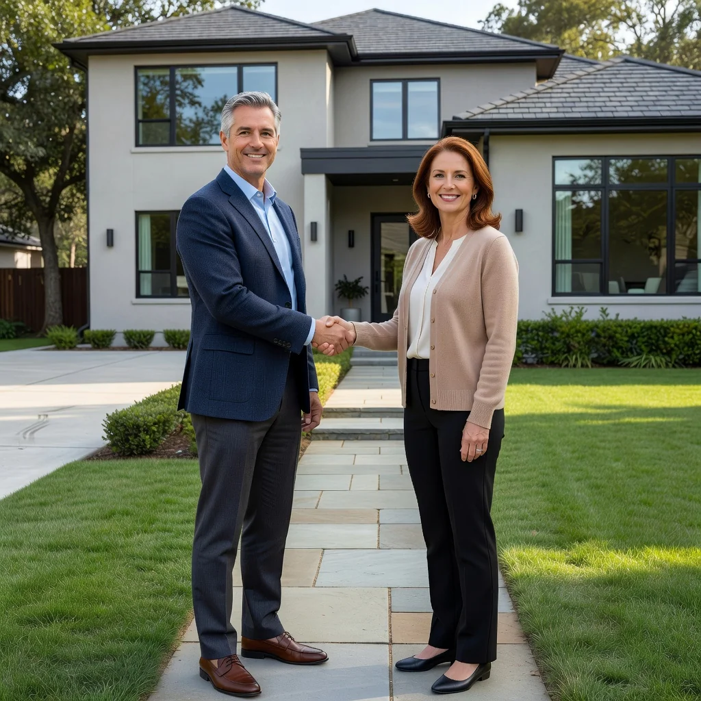 A photorealistic image depicting two adult partners shaking hands in agreement over a shared home, symbolizing joint property ownership and trust, with a modern house in the background, conveying security and partnership without any legal documents visible.