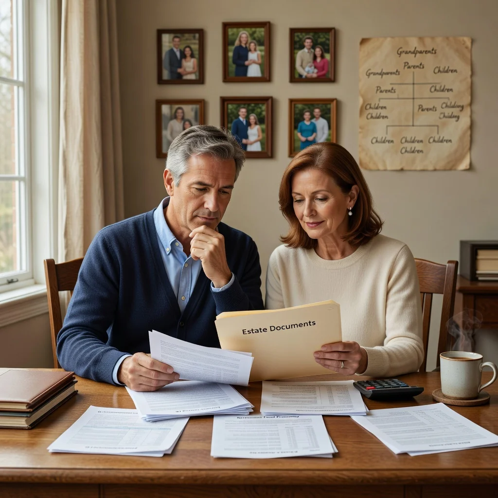 A photorealistic image representing the purpose of a revocable living trust, such as security and legacy planning for adults. Depict a middle-aged couple in a modern home office, reviewing financial documents together with a sense of calm and assurance, surrounded by subtle symbols of family legacy like framed photos of adult relatives or a family tree on the wall, but no children present. The atmosphere is warm, professional, and reassuring, emphasizing protection of assets and future planning without showing any legal papers directly.
