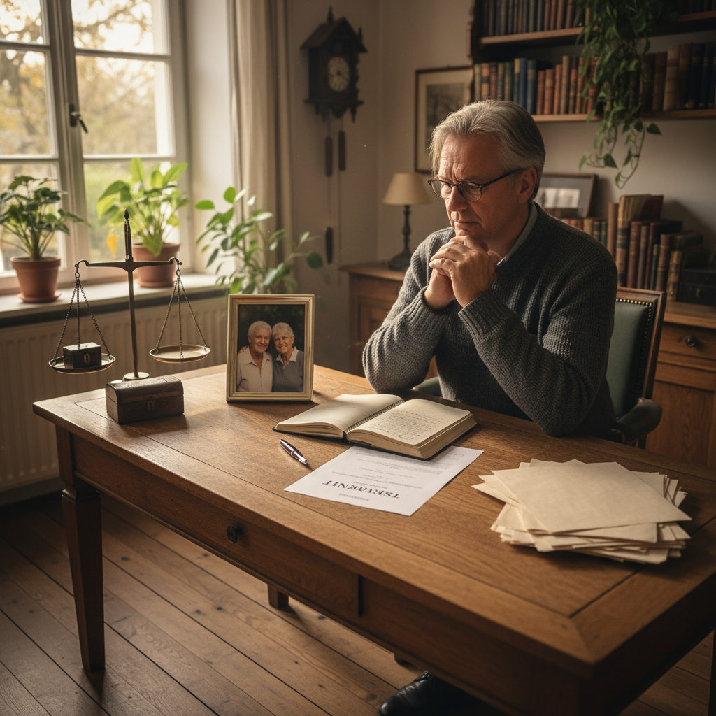 A photorealistic image symbolizing the advantages and disadvantages of a revocable will in Germany, showing a thoughtful middle-aged adult contemplating legacy and family future in a modern German home office, with subtle elements like a family photo frame and a calendar, evoking balance between security and flexibility in estate planning, no children visible.
