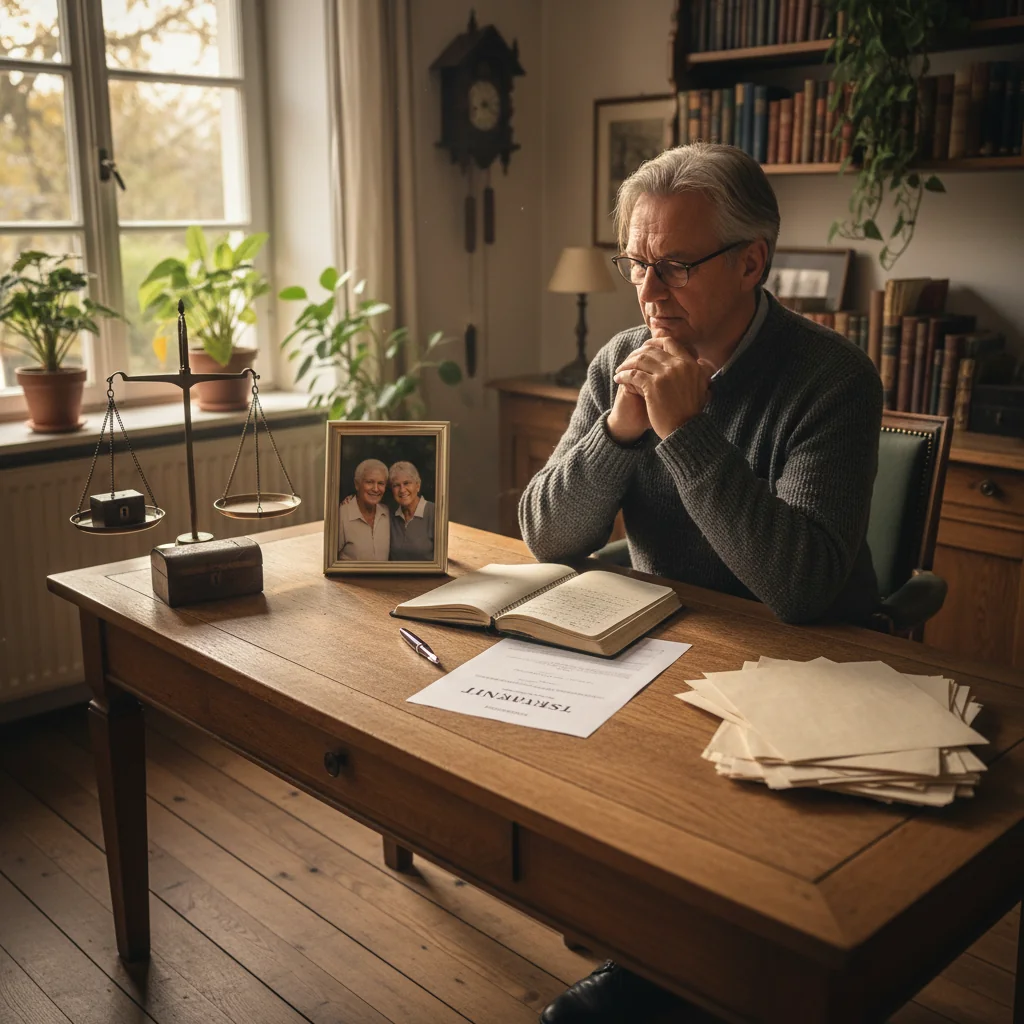 A photorealistic image symbolizing the advantages and disadvantages of a revocable will in Germany, showing a thoughtful middle-aged adult contemplating legacy and family future in a modern German home office, with subtle elements like a family photo frame and a calendar, evoking balance between security and flexibility in estate planning, no children visible.