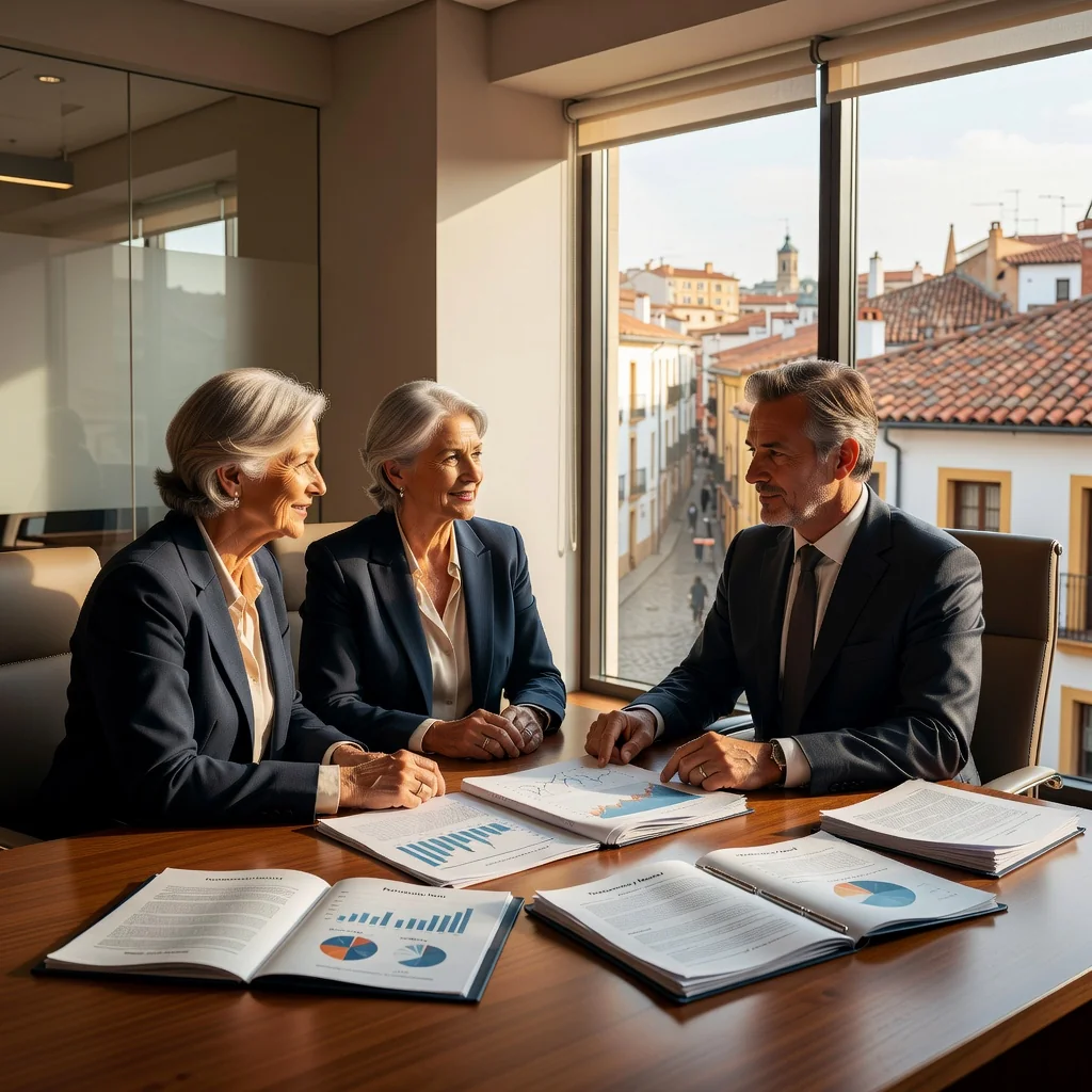 A photorealistic image symbolizing legal trust and estate planning in Spain, featuring an elderly adult couple in a modern Spanish office consulting with a professional lawyer over financial documents, with subtle Spanish architecture in the background, conveying security and planning for the future.