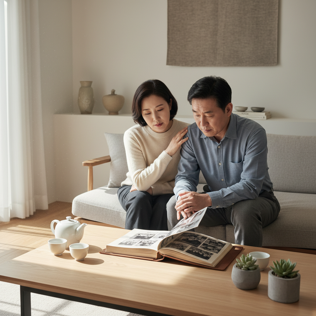 A photorealistic image of a middle-aged Korean adult couple in a modern living room, looking thoughtfully at a family photo album together, symbolizing legacy planning and family security through lifetime trust, with warm natural light and no documents or children visible.