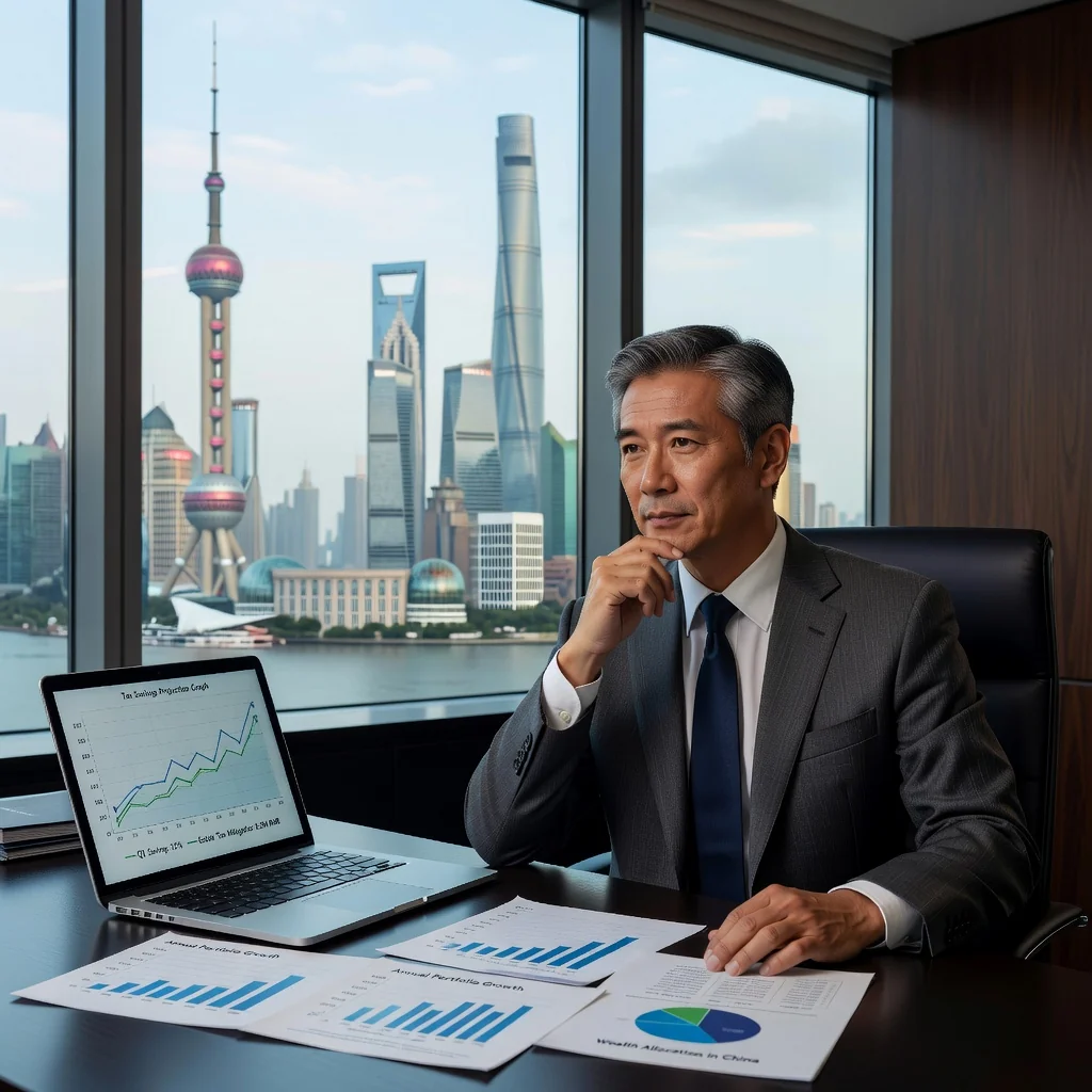 A photorealistic image symbolizing tax advantages and estate planning through a revocable living trust in China, featuring a mature adult professional in a modern office overlooking a Chinese cityscape, reviewing financial documents with a sense of security and prosperity, no children present.