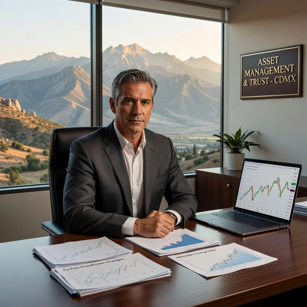 A photorealistic image representing the purpose of a revocable living trust for asset management in Mexico, featuring a mature adult professional in a modern office setting, reviewing financial documents on a desk with subtle Mexican cultural elements like a flag or landscape in the background, symbolizing security, planning, and wealth protection for adults.