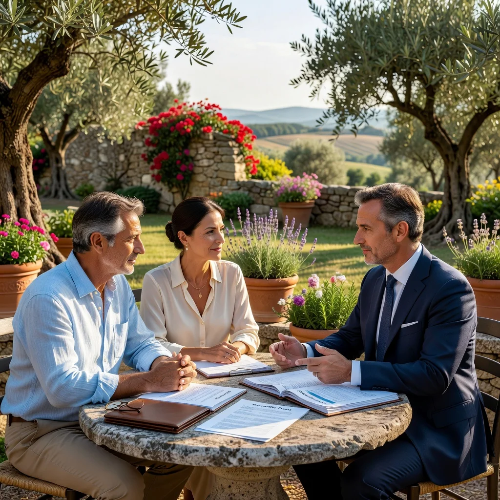 A photorealistic image symbolizing the purpose of creating a revocable trust in Italy, such as a middle-aged Italian couple in a sunny Mediterranean garden, discussing estate planning with a financial advisor, evoking security and legacy for future generations, no children visible.