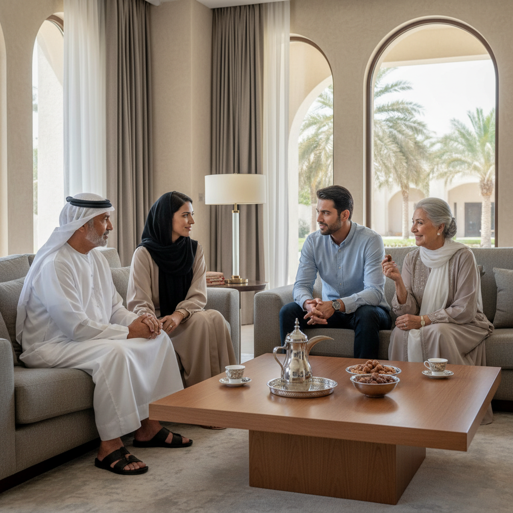 A photorealistic image depicting a multi-generational adult family in the UAE, gathered around a table in a modern home, discussing and planning their family legacy with expressions of unity and care, evoking the purpose of a revocable family will document.