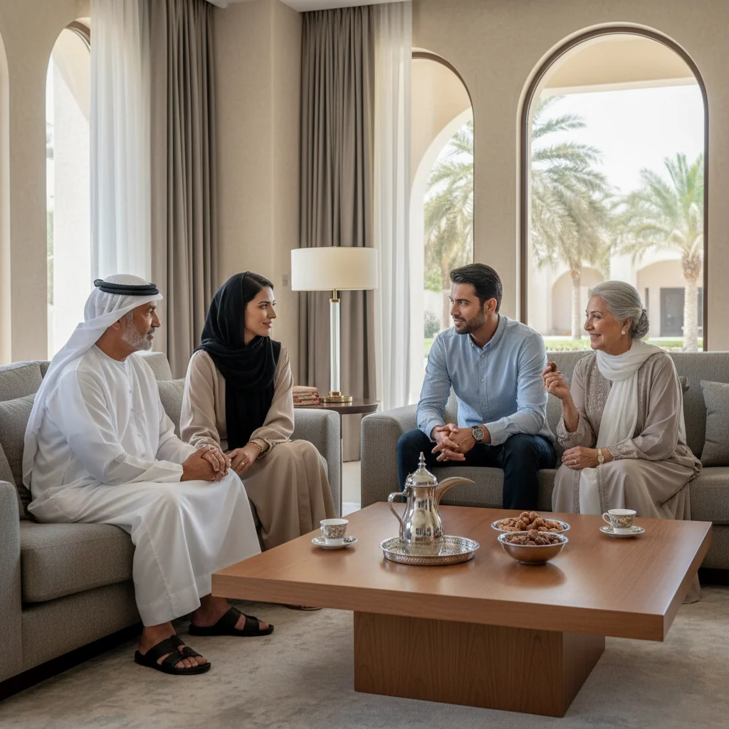 A photorealistic image depicting a multi-generational adult family in the UAE, gathered around a table in a modern home, discussing and planning their family legacy with expressions of unity and care, evoking the purpose of a revocable family will document.