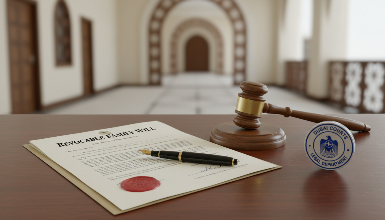 Revocable will on UAE courthouse desk