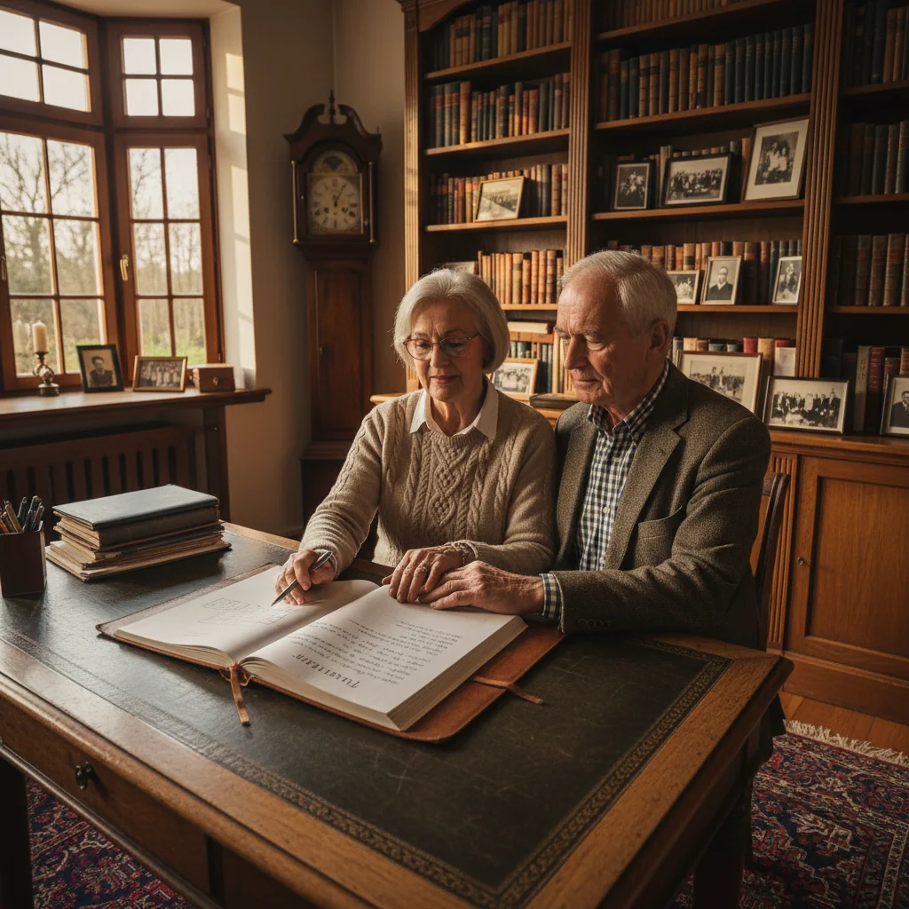 A photorealistic image of an elderly German couple in their cozy home office, thoughtfully reviewing a will document together, symbolizing the purpose of a revocable testament in planning inheritance and legacy in Germany. The scene conveys trust, preparation, and family security without showing any children.