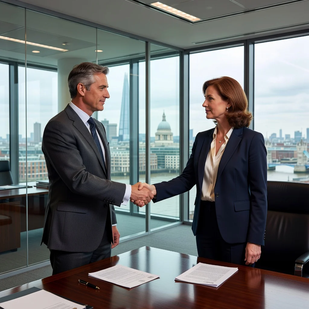 A photorealistic image of two adults shaking hands in a professional office setting, symbolizing trust and agreement in legal matters, with a subtle background of a city skyline representing the United Kingdom. No children or documents are visible.