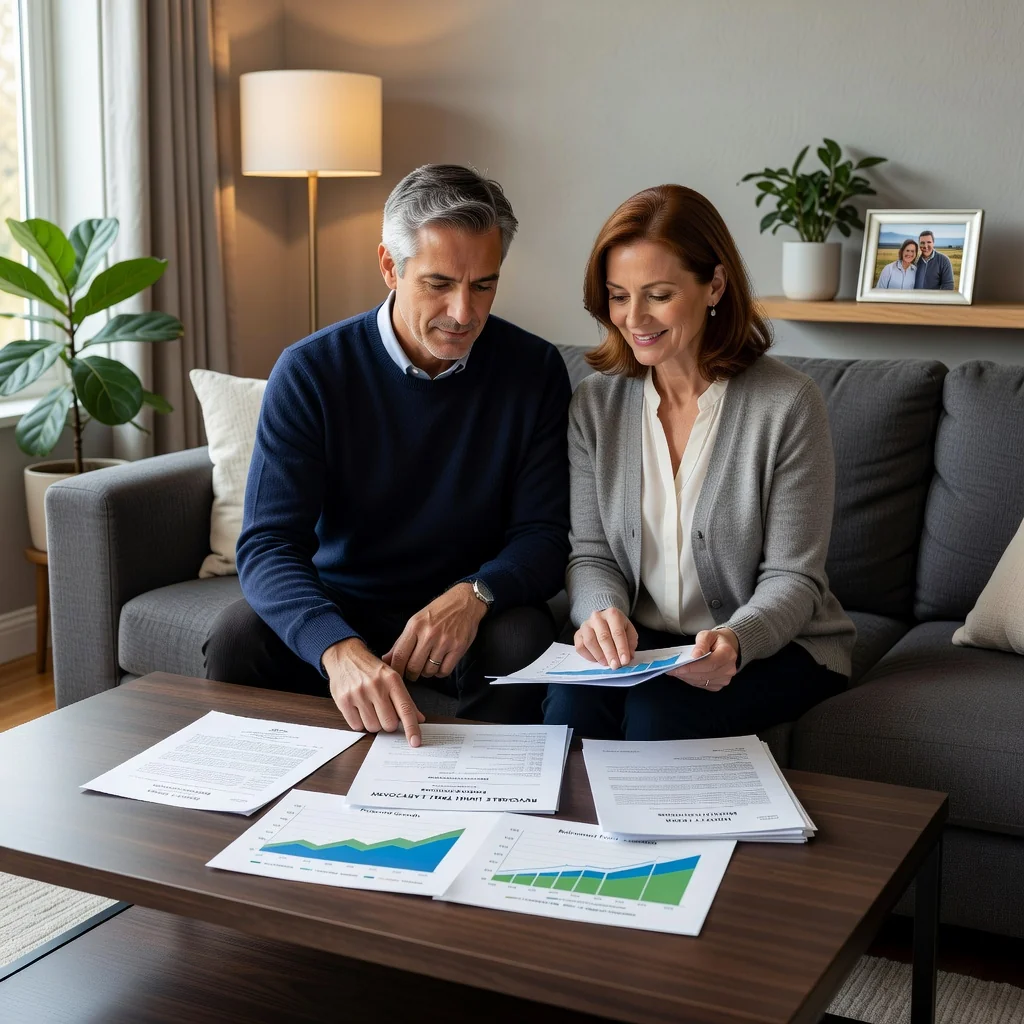 A photorealistic image representing the purpose of a revocable living trust, focusing on legacy planning and family security for adults. Depict a middle-aged couple in a modern living room, reviewing financial documents with a sense of calm assurance, symbolizing estate planning and future protection. No children present.