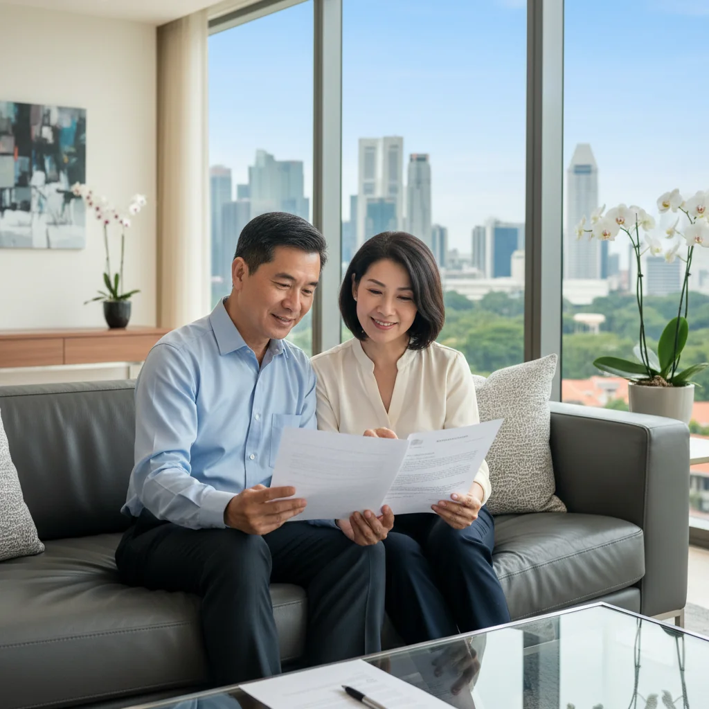A photorealistic image of a middle-aged Asian couple in a modern Singapore living room, sitting comfortably on a sofa and reviewing printed trust documents together, symbolizing secure family estate planning and legacy protection for adults, with no children present, soft natural light from large windows overlooking a cityscape.