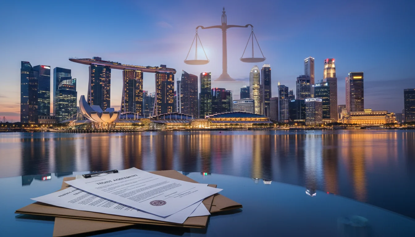 Singapore skyline with legal symbols
