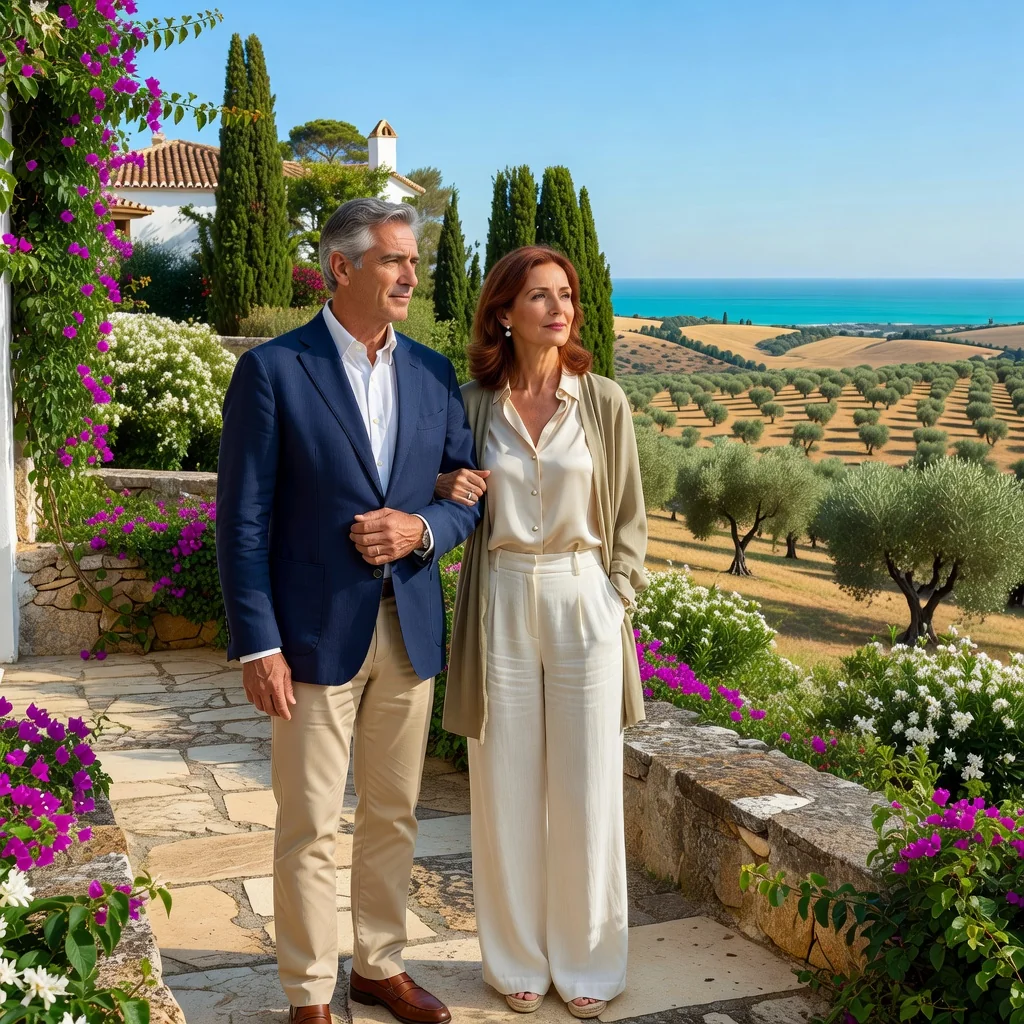 A photorealistic image representing the concept of a revocable fideicomiso in Spain, symbolizing trust and estate planning. Depict a mature adult couple in their 50s, standing thoughtfully in a sunlit Spanish estate garden with olive trees and a historic villa in the background, looking towards a beautiful Mediterranean landscape, evoking security, legacy, and family heritage. No children, no legal documents visible.