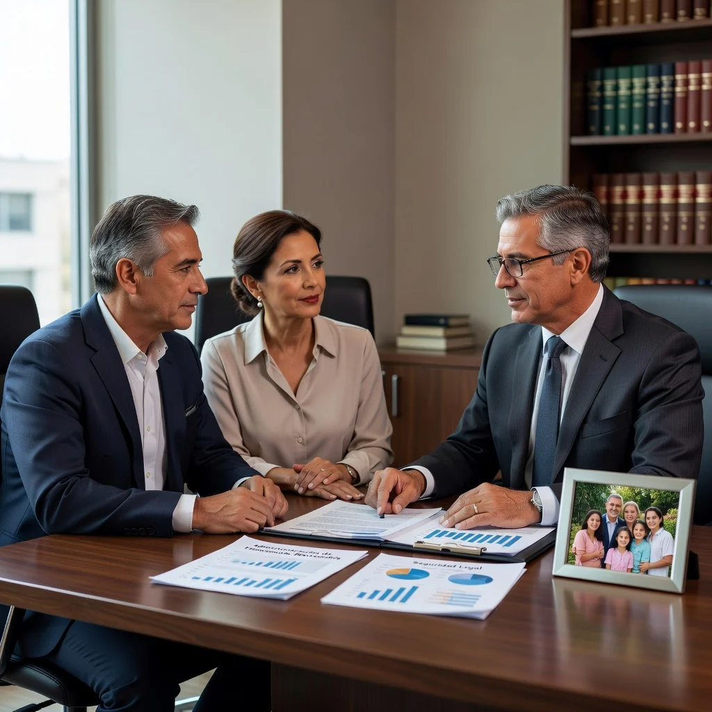 A photorealistic image of a middle-aged Mexican couple in a modern office setting, reviewing financial documents together with a lawyer, symbolizing trust administration and estate planning in Mexico. The scene conveys security, professionalism, and family legacy without focusing on the actual legal papers.