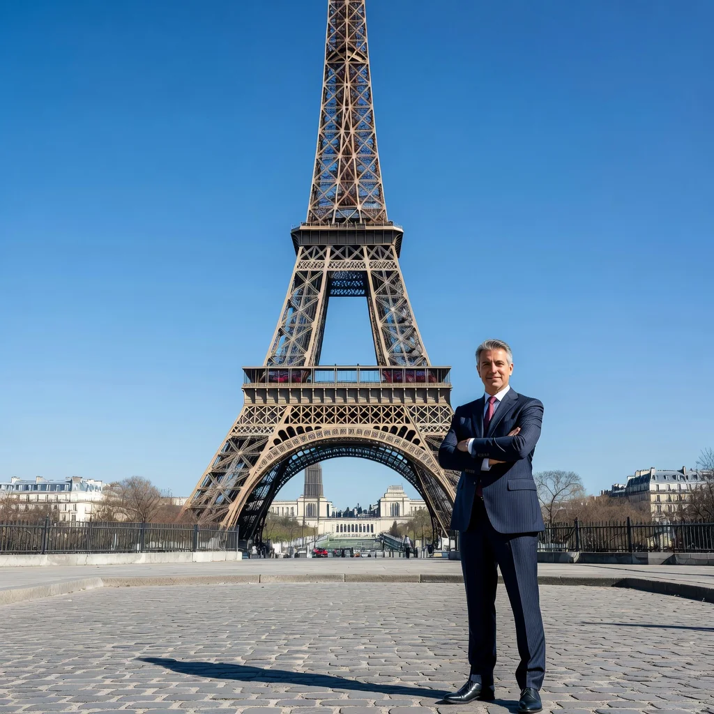 A photorealistic image representing trust and legal security in France, featuring the Eiffel Tower in the background with a subtle overlay of a protective shield symbolizing fiduciary protection, and in the foreground, an adult professional in business attire standing confidently with arms crossed, conveying reliability and assurance. No children are present in the image.