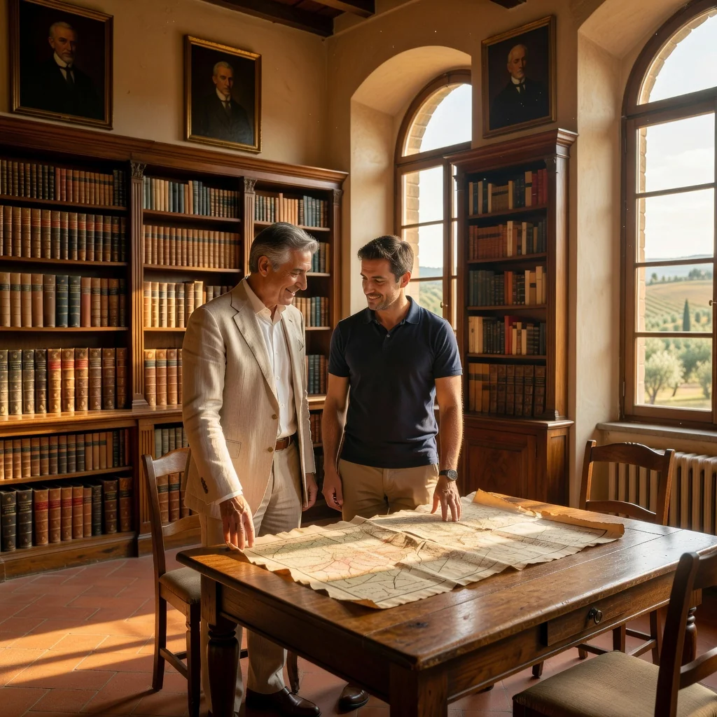 A photorealistic image symbolizing trust, legacy, and revocable planning in an Italian context, featuring an elderly Italian man in a Tuscan villa thoughtfully reviewing family heirlooms with his adult son, evoking security and family heritage without showing any legal documents.