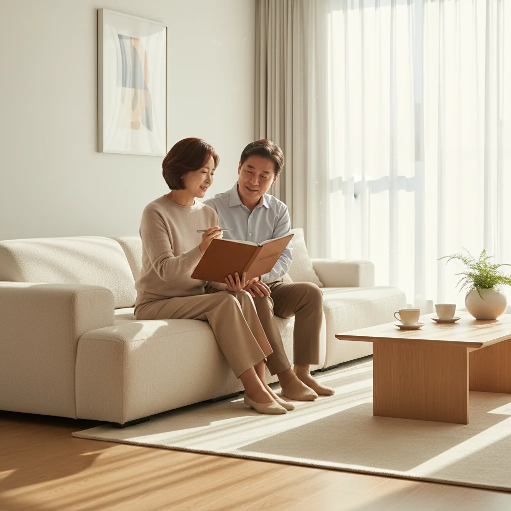 A photorealistic image of a middle-aged Korean couple in a modern South Korean home, sitting together at a table, reviewing estate planning notes with a sense of security and planning for the future, warm lighting, no legal documents visible.
