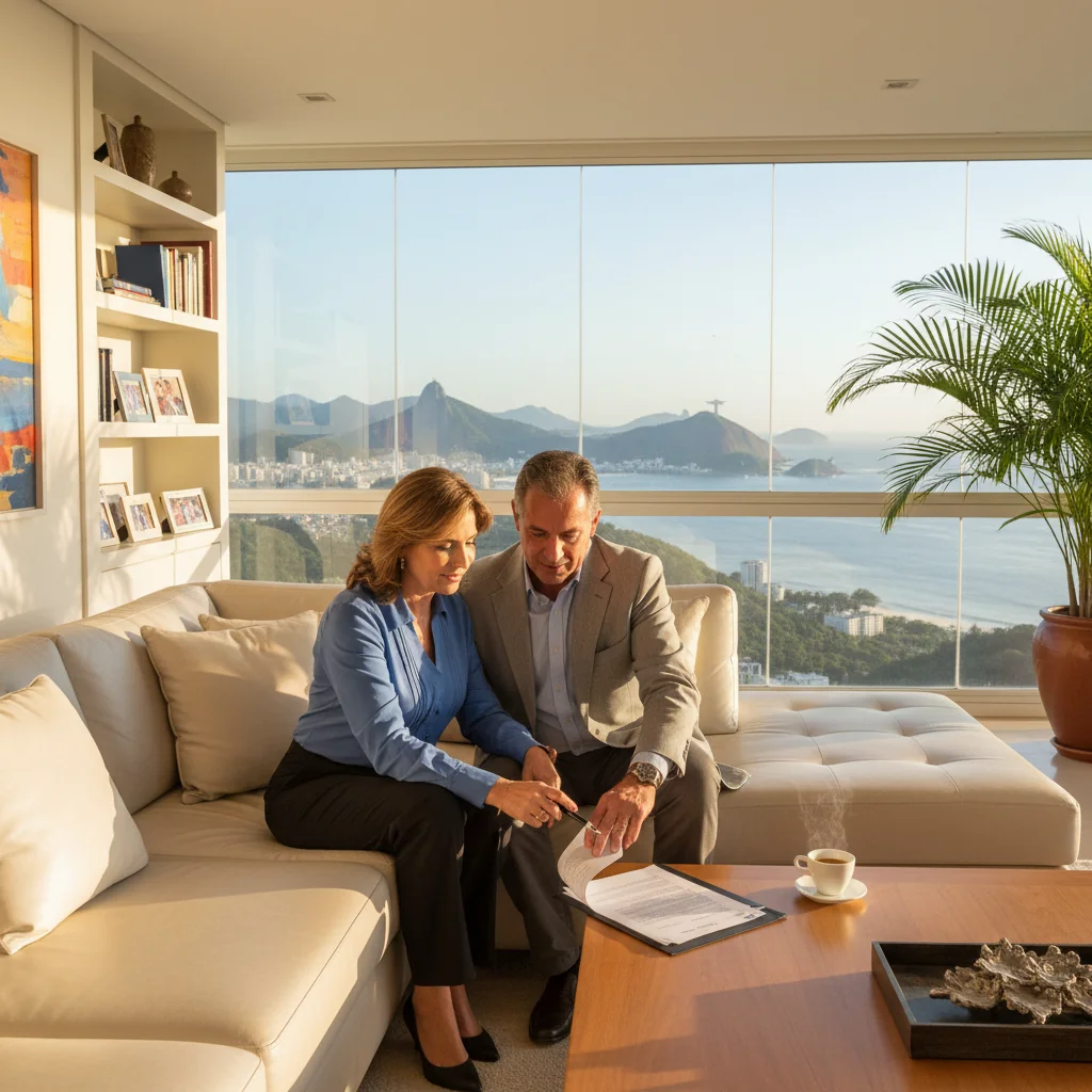 A photorealistic image symbolizing trust, legacy, and family protection in Brazil, featuring a middle-aged Brazilian couple in a modern living room with a scenic view of Rio de Janeiro's coastline in the background, the couple reviewing a document together with warm, reassuring expressions, evoking security and planning for the future, no children present.