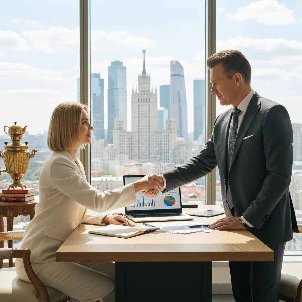 A photorealistic image of a professional business meeting in a modern Russian office, where a trusted financial advisor is discussing investment strategies with a client, symbolizing trust management of assets, with Russian cultural elements like a view of Moscow skyline in the background, no children present.