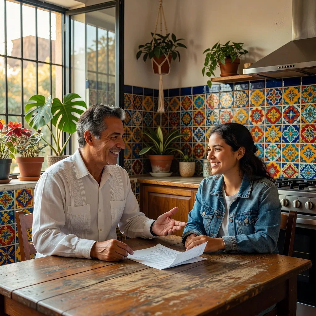 A photorealistic image depicting a professional landlord and tenant in a modern Mexican apartment, engaged in a friendly discussion about rent adjustment over coffee at a kitchen table, symbolizing the notification process for rent increase in Mexico, with subtle Mexican cultural elements like vibrant decor in the background, no children present.