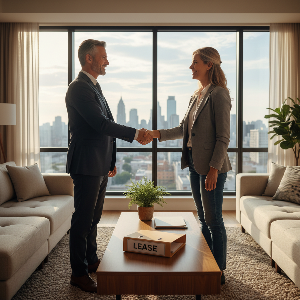 A photorealistic image of an adult landlord and adult tenant shaking hands in a modern apartment living room, symbolizing agreement on rent increase terms, with a subtle background of a lease agreement on a table but not the focus.