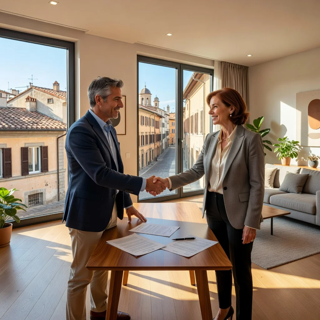 A photorealistic image of a professional adult Italian landlord and tenant shaking hands in a modern apartment setting, symbolizing a successful rent adjustment agreement, with subtle Italian elements like a flag or architecture in the background. No children present.