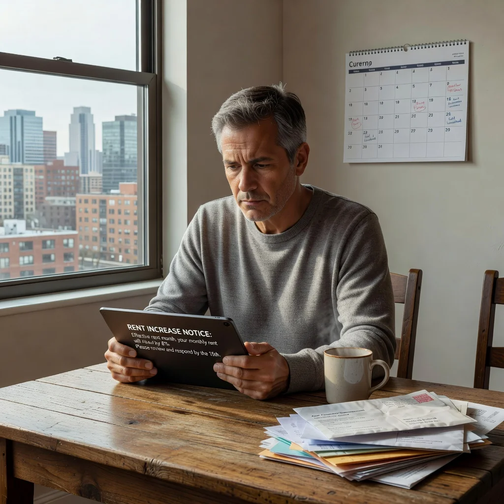 A photorealistic image of a concerned adult tenant in a modern apartment, sitting at a kitchen table reviewing a rent increase notice on a tablet, with subtle background elements like a calendar and bills to evoke financial stress, no children present.