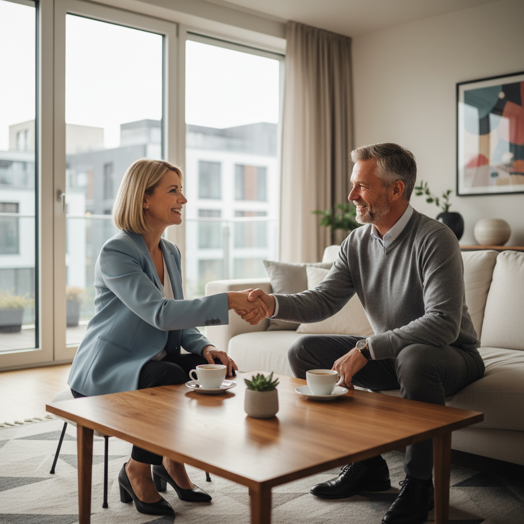 A photorealistic image of a middle-aged German couple in a modern apartment, looking relieved and discussing finances with a positive expression, symbolizing the successful implementation of a rent increase notice, with subtle background elements like a lease agreement on a table but not the focus.