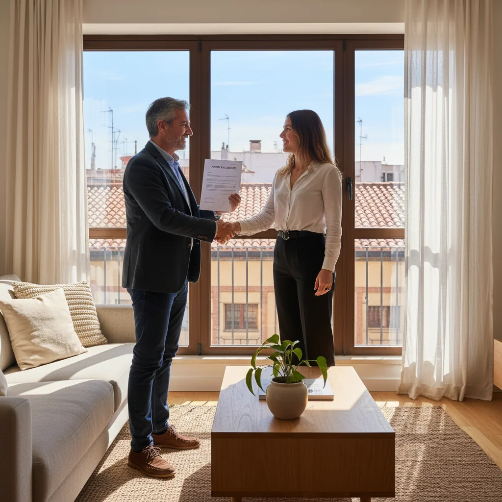 A photorealistic image of an adult Spanish landlord and tenant shaking hands amicably in a modern apartment living room, symbolizing a rent increase agreement, with subtle Spanish elements like a window view of a cityscape, no children present.