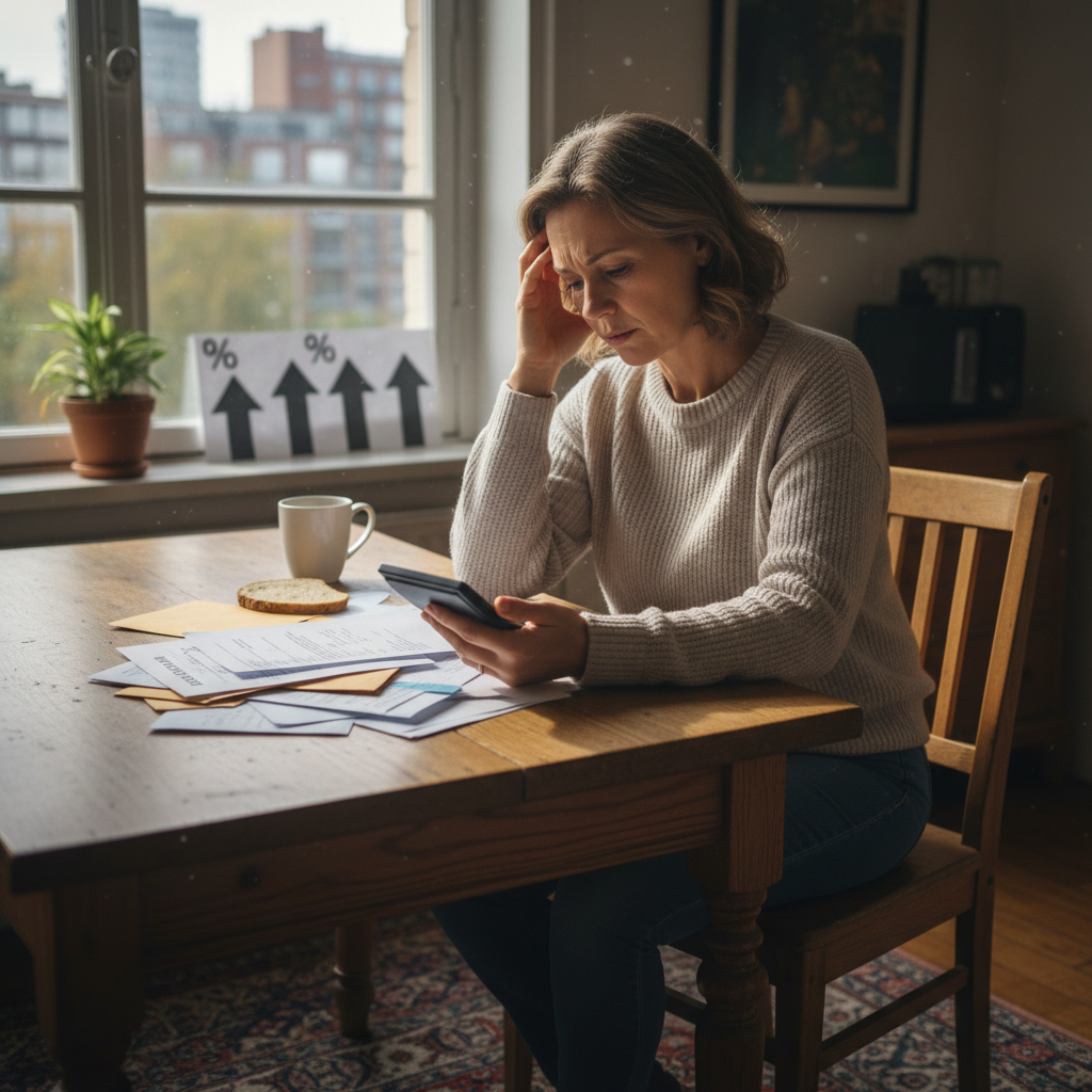 A photorealistic image depicting a concerned adult tenant in a modern apartment, reviewing financial documents at a kitchen table with rising rent notices and calculators, symbolizing the process of handling a rent increase termination.