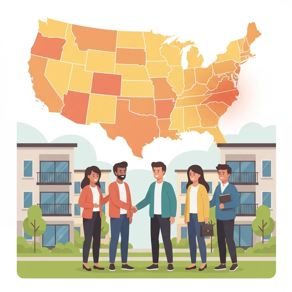 A vibrant illustration of a diverse group of tenants and landlords in a friendly discussion about apartment leases, set against a colorful map of the United States with subtle state outlines, evoking fairness and transparency in rental agreements without focusing on legal documents.