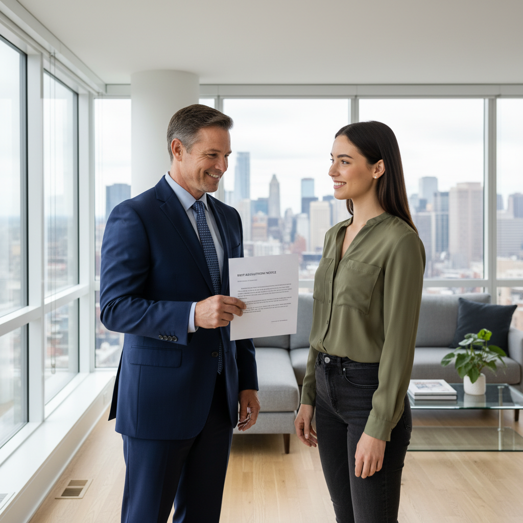 A photorealistic image of a smiling adult landlord handing a notice to an adult tenant in a modern apartment setting, symbolizing a lawful rent increase discussion, with no children present.