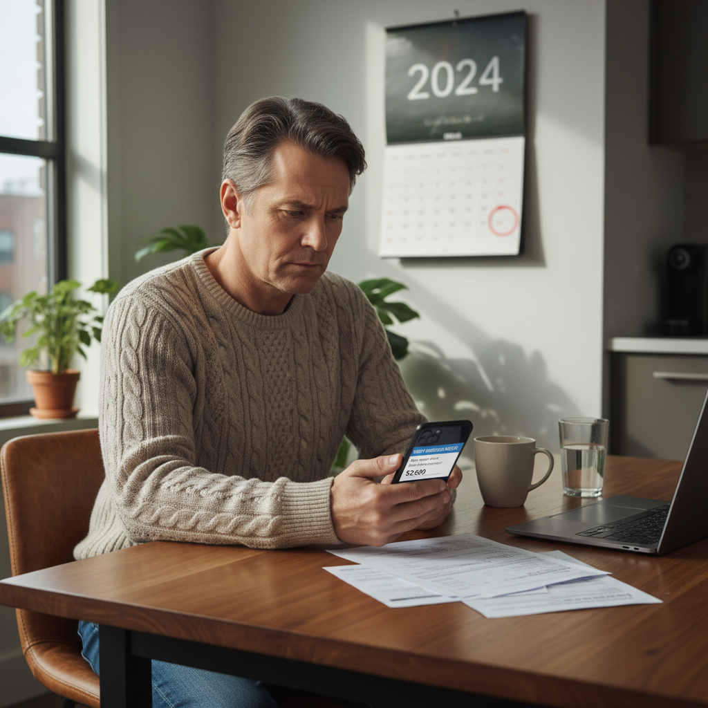 A photorealistic image of a concerned adult tenant in a modern apartment, reviewing a rent increase notice on their phone while looking at a calendar on the wall, symbolizing the impact of rising housing costs in 2024. The scene is indoors, with natural light, no children present.