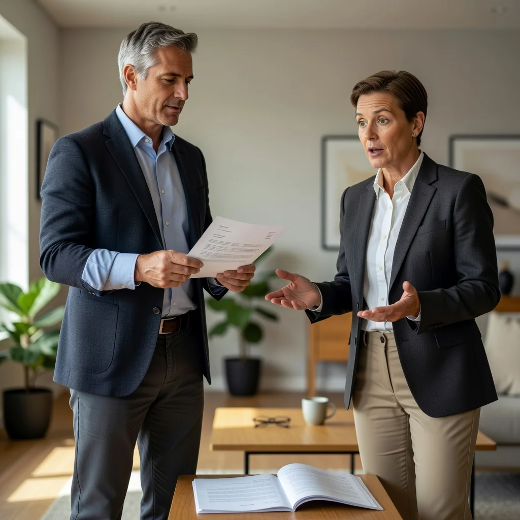 A photorealistic image of an adult tenant receiving a formal rent increase notice from a landlord in a modern apartment setting, symbolizing rights and obligations in rental agreements, with the focus on a professional conversation between two adults.