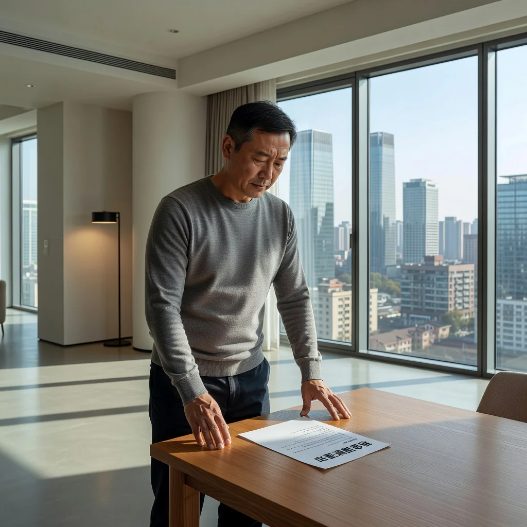 A photorealistic image of a concerned adult tenant in a modern Chinese urban apartment, looking at a rent increase notice on a table, with city skyline visible through the window, conveying a sense of financial stress and legal contemplation.