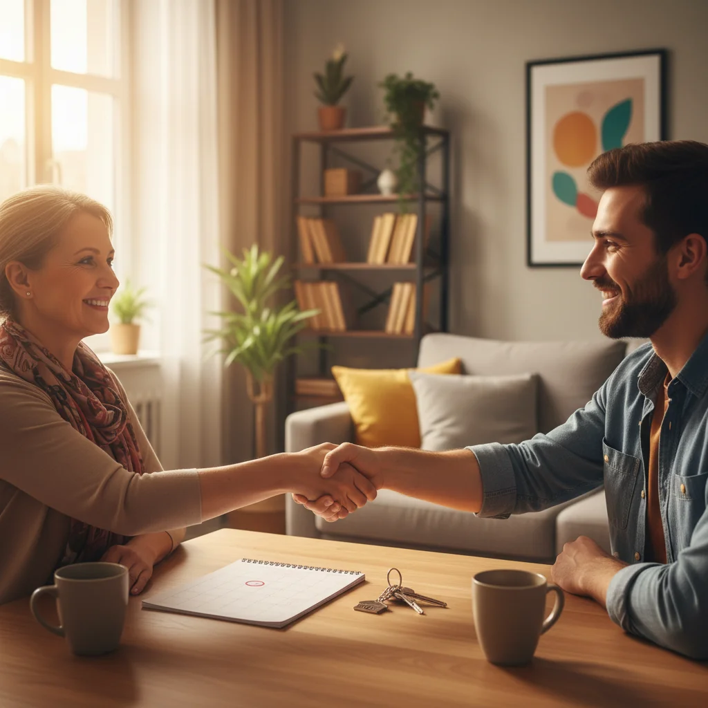 A professional landlord and tenant shaking hands amicably in a well-maintained apartment living room, symbolizing a positive and fair rent agreement process, with subtle elements like a calendar and house keys on a table in the background to evoke the theme of rent increases without focusing on documents.