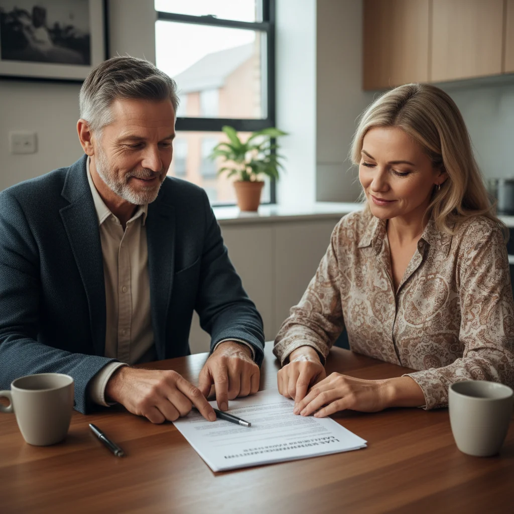 A photorealistic image of two adults, a landlord and a tenant, engaged in a friendly discussion about rent adjustment in a modern apartment setting, symbolizing rights and obligations in rental agreements.