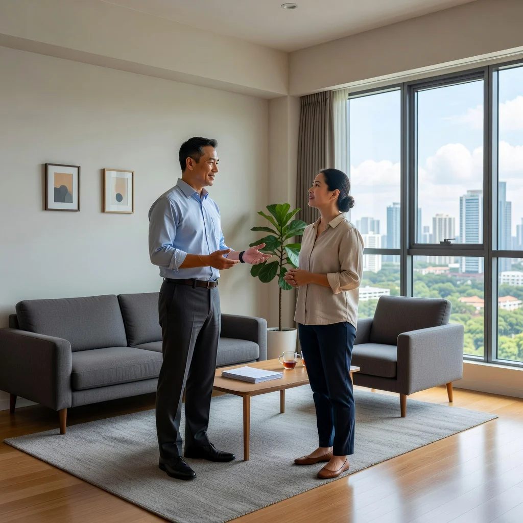 A photorealistic image of an adult landlord and adult tenant in a modern Singapore apartment, engaged in a friendly discussion about rent, symbolizing the careful handling of rent increase notices without focusing on documents.