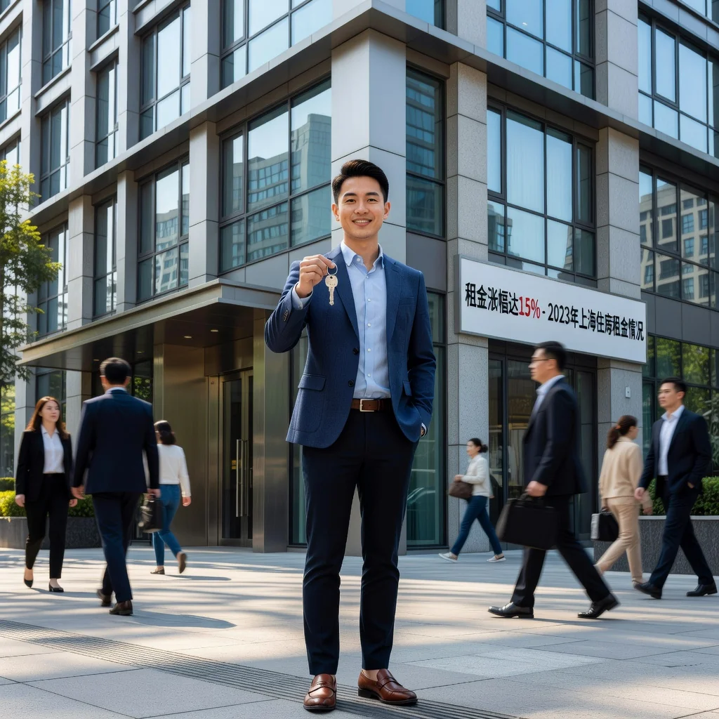 A photorealistic image of a young adult professional entering a modern urban apartment building in a bustling Chinese city, symbolizing the rising rental market trends in 2023. The scene captures the excitement of urban renting without focusing on documents, showing the renter with keys in hand and city skyline in the background. No children are present in the image.