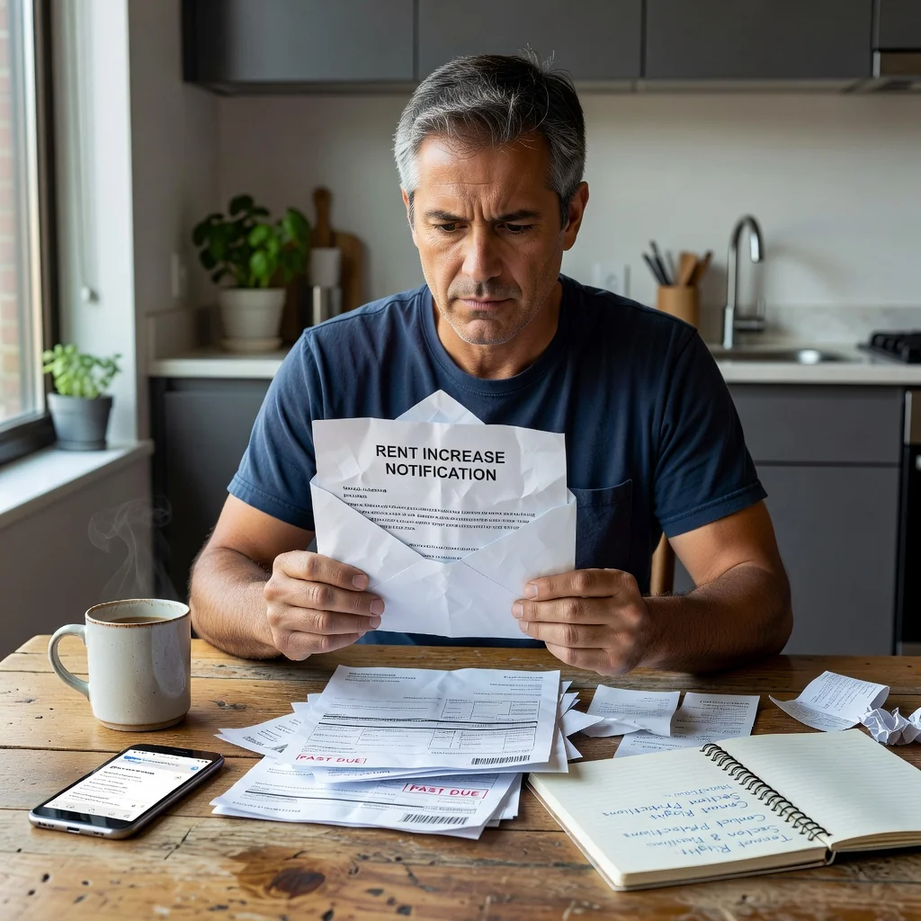 A photorealistic image of a concerned adult tenant in a modern apartment, looking at a letter about rent increase on a kitchen table, with subtle elements of financial stress like bills nearby, emphasizing tenant rights and protection without showing any legal documents directly.