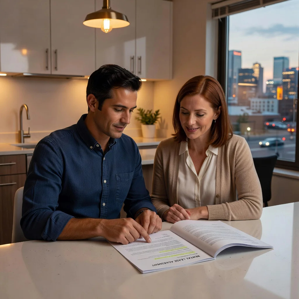 A photorealistic image depicting a professional adult couple in their mid-30s sitting at a modern kitchen table in a cozy apartment, reviewing a rental lease agreement together. They look engaged and positive, with one pointing to a clause while the other nods, symbolizing understanding rights and obligations in tenancy. The setting includes subtle rental elements like a view of the city skyline through a window, emphasizing fair housing and legal adjustments. No children are present in the scene.
