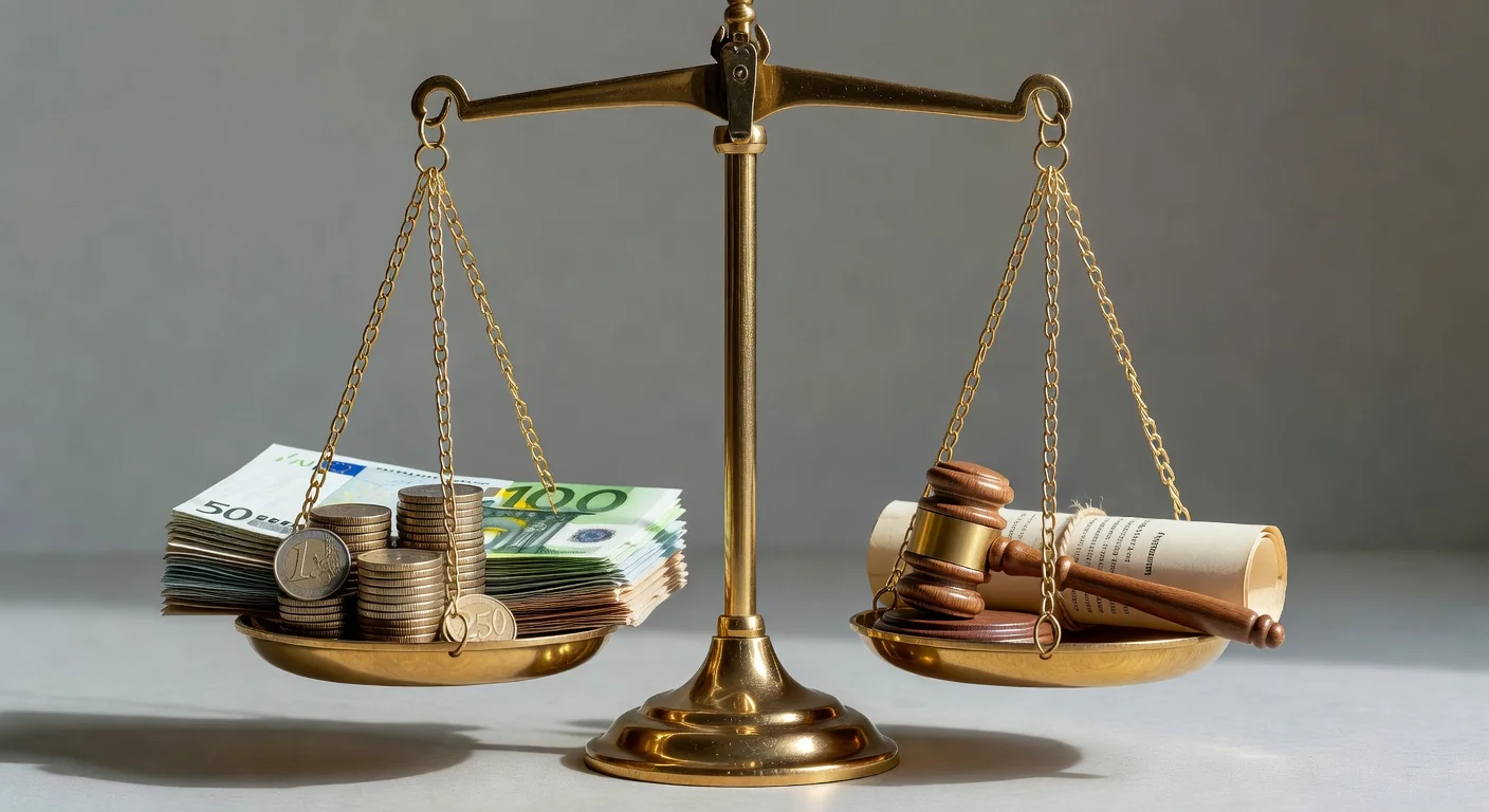 Balance scale with rent money and rights icons
