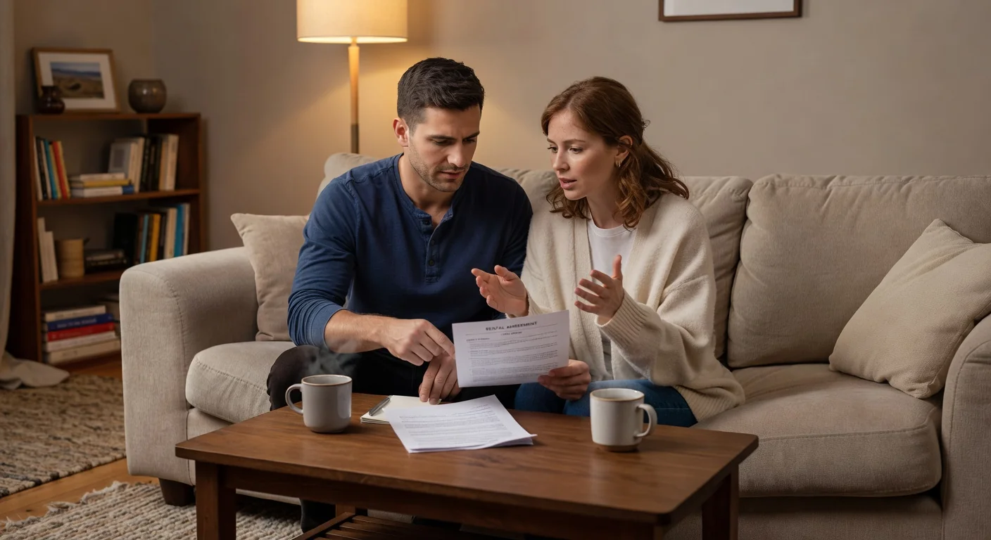 Couple reviewing rental contract at home