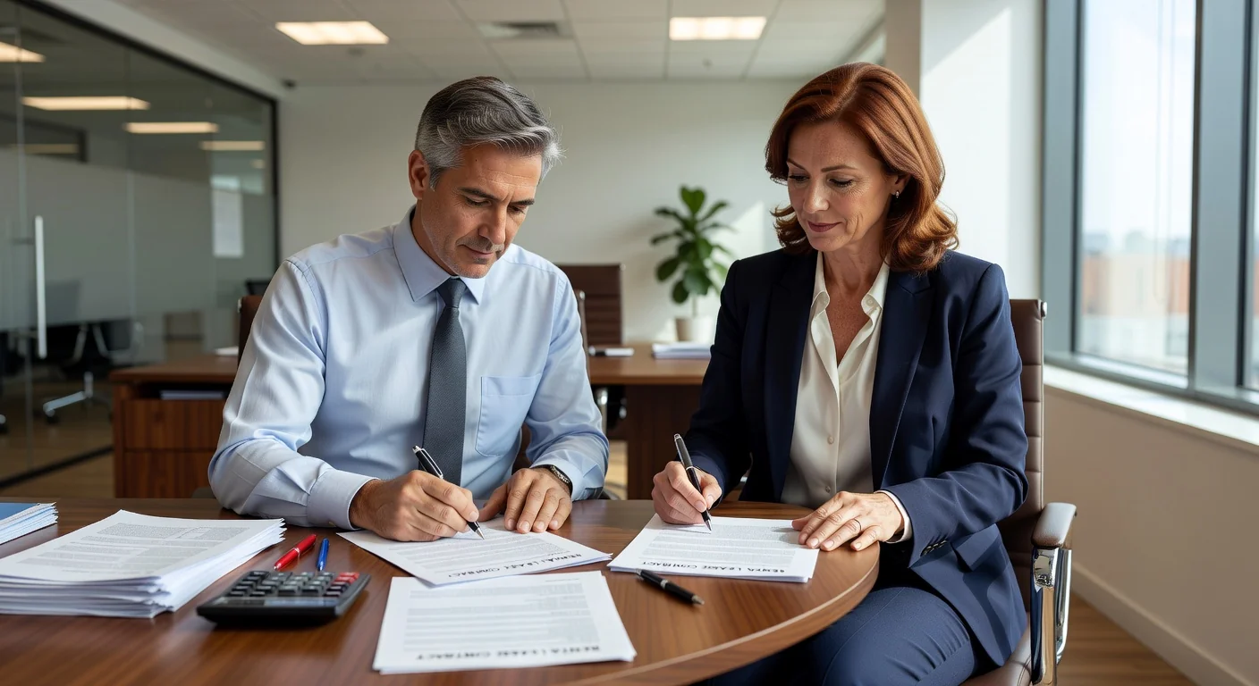 Landlord and tenant signing lease agreement