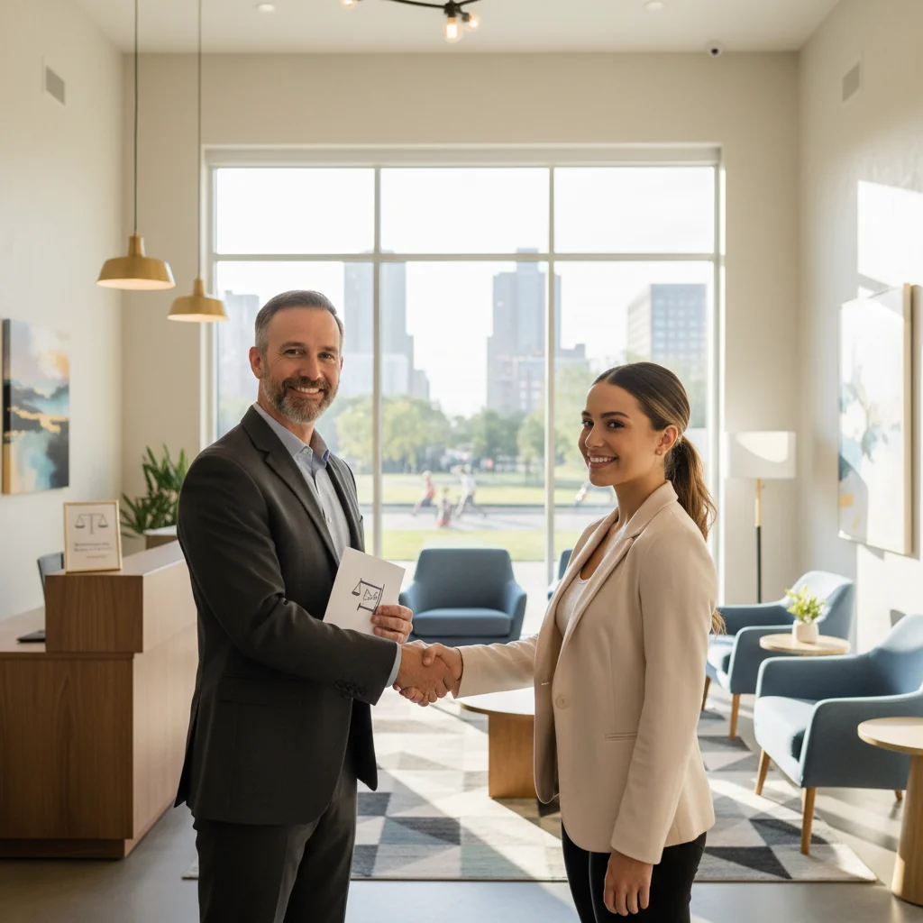 A professional landlord and tenant shaking hands in a modern apartment building lobby, symbolizing a fair and legal agreement on rent adjustment, with subtle elements like a lease paper in the background and a positive, cooperative atmosphere.